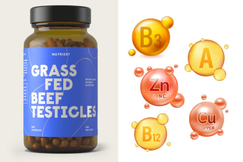 A bottle labeled "Nutriest Grass Fed Beef Testicles" with text highlighting the natural zinc and copper content.