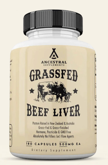 A glass bottle containing 180 capsules of Ancestral Supplements with a label that reads "Grassfed Beef Liver"