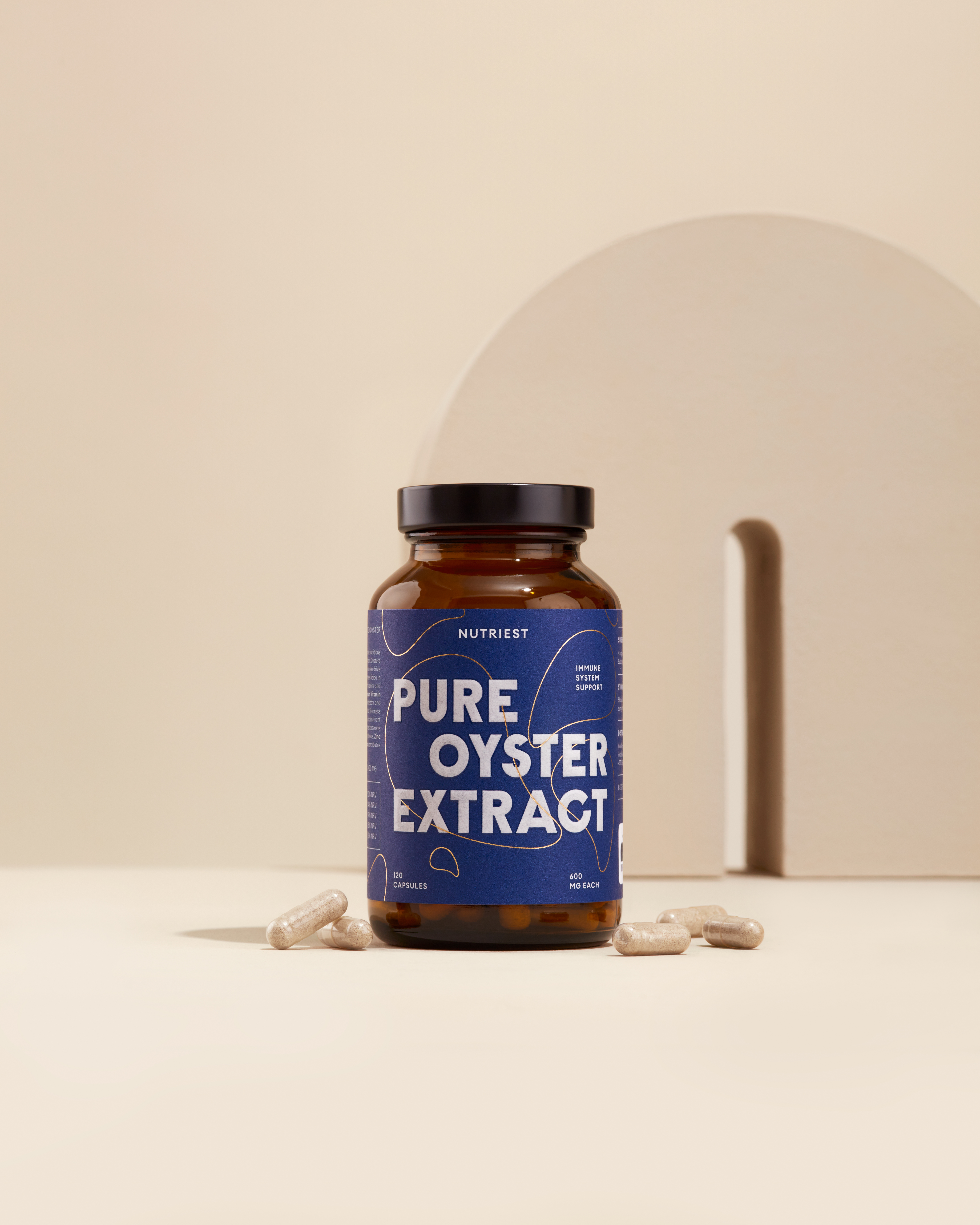 A bottle labeled "Pure Oyster Extract" from the brand Nutriest aligning well with the focus on natural testosterone enhancement