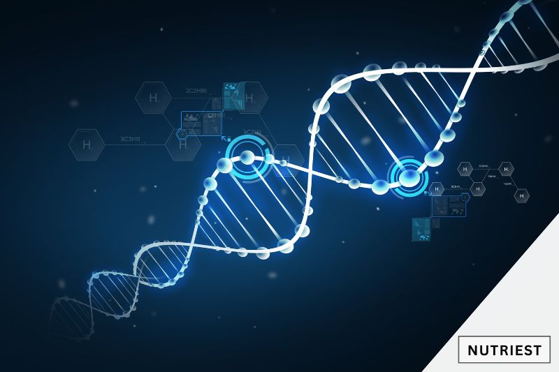 A glowing blue DNA helix against a dark background with blue geometric shapes and glowing circles