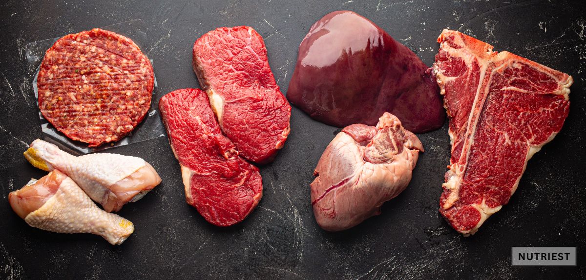 Variety of raw meats, highlighting the best iron supplement for anemia from beef blood.