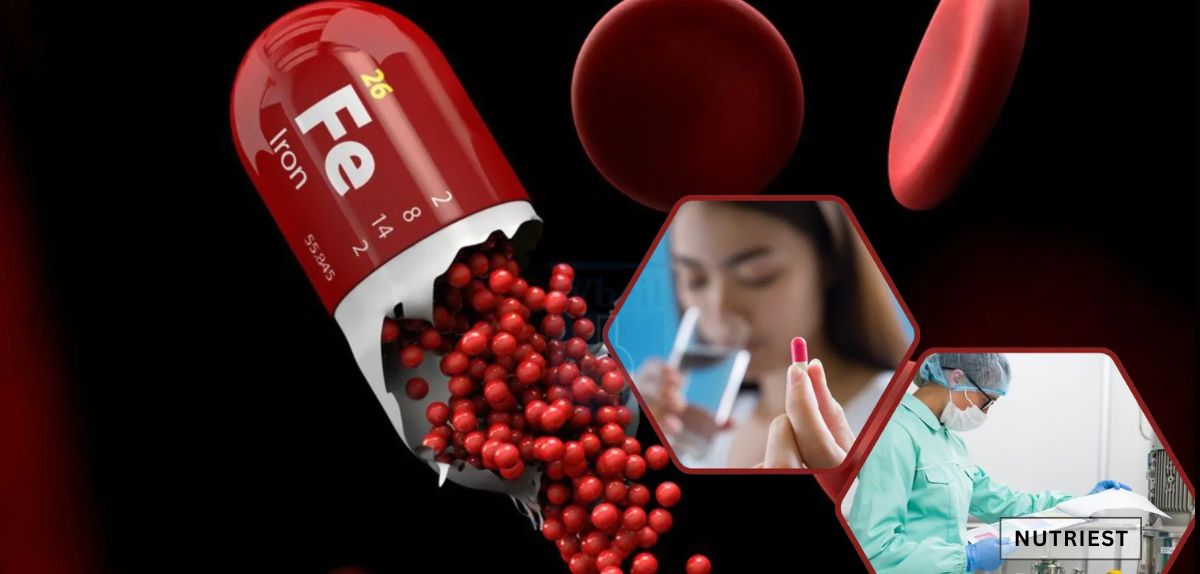 How long does it take for iron to be absorbed into the blood shown with supplement imagery