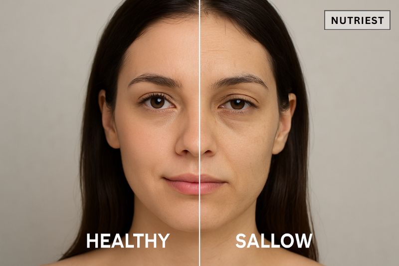 Side-by-side comparison showing healthy skin versus sallow skin on a woman's face.