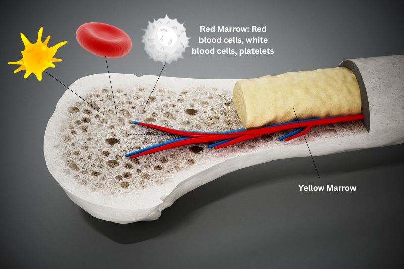 Bone marrow benefits illustrated, showing red and yellow marrow supporting blood cell production and nutrition.