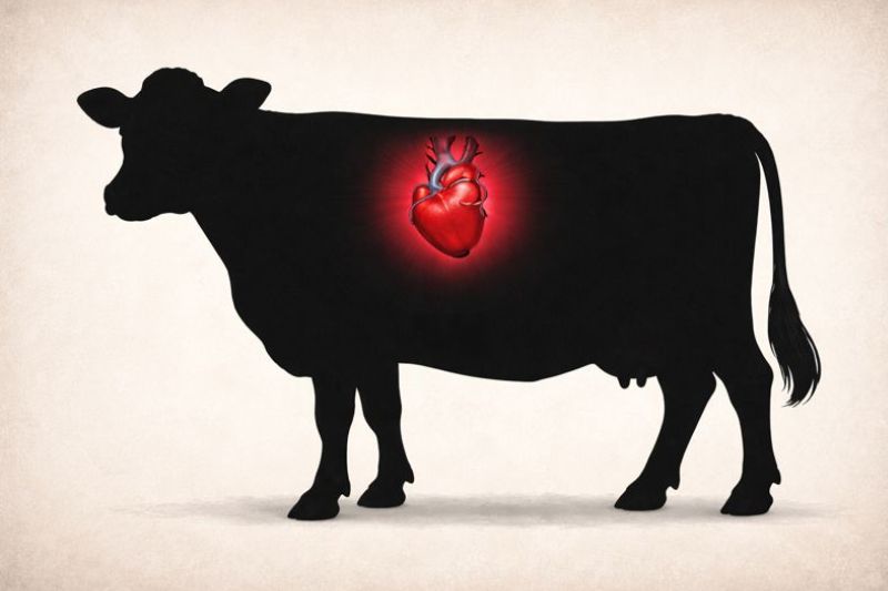 Beef heart benefits illustrated with glowing heart inside cow silhouette highlighting nutrient-rich organ meat