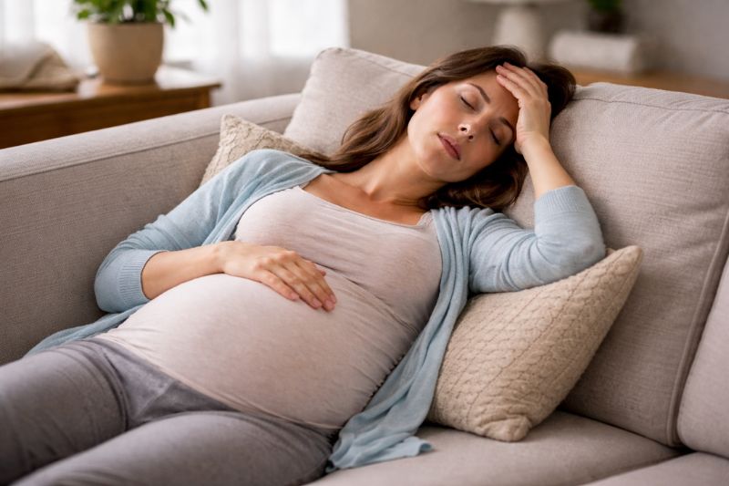 Pregnant woman resting on sofa, illustrating fatigue linked to iron deficiency in pregnancy