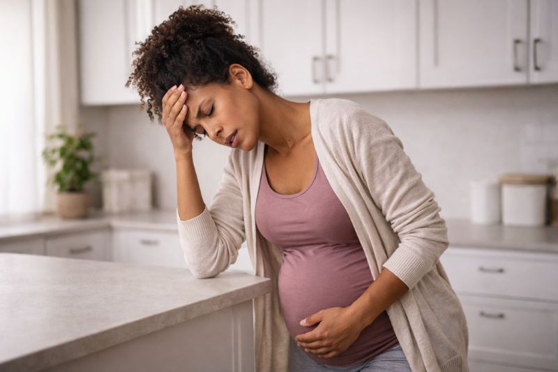 Pregnant woman feeling dizzy in kitchen, highlighting iron deficiency in pregnancy