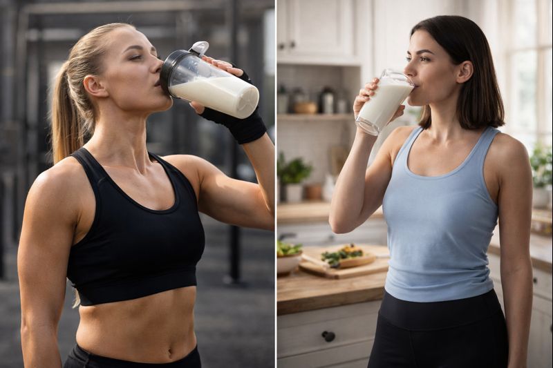 Whey isolate vs whey protein comparison with women drinking protein shakes indoors and gym