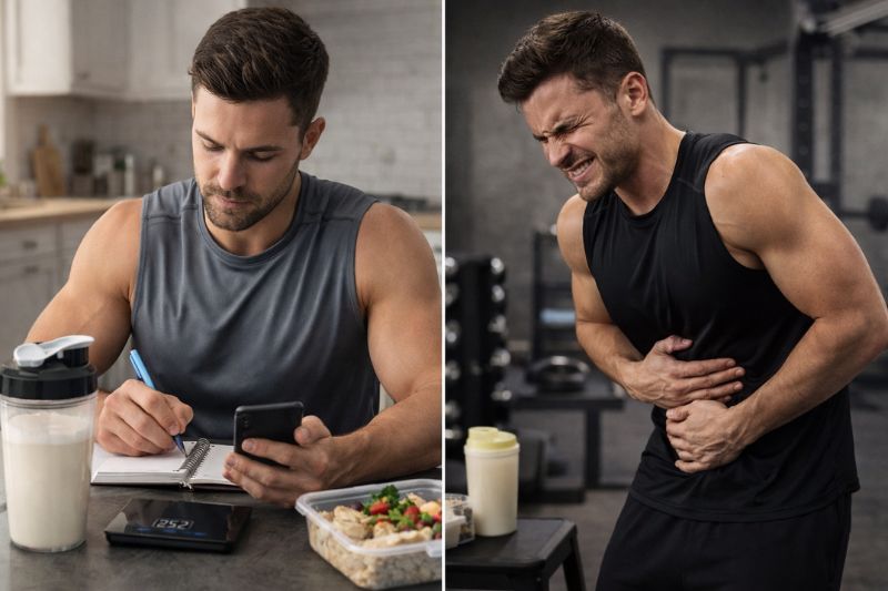 hey isolate vs whey protein showing man tracking diet and man with stomach pain