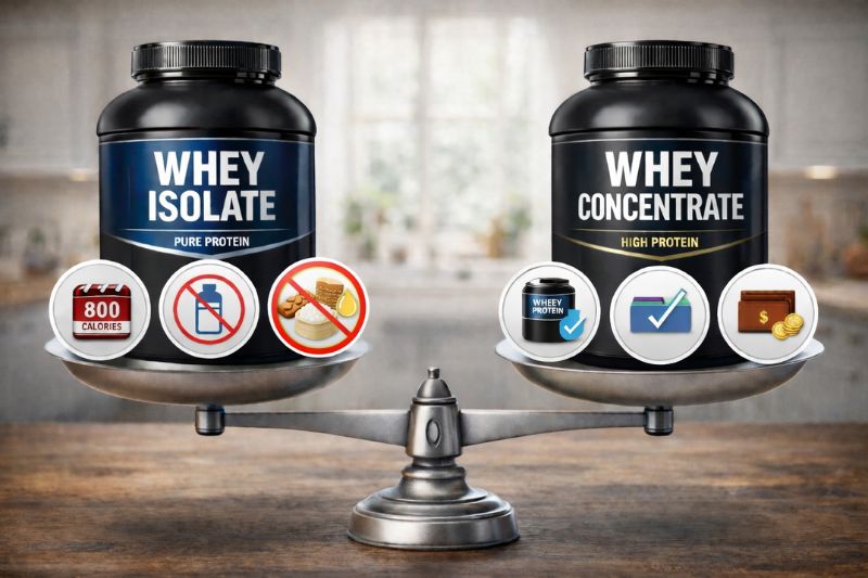 Whey isolate vs whey protein showing supplement containers compared on balance scale