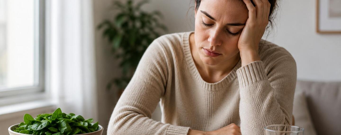 Illustration showing woman experiencing fatigue with iron-rich foods for can low iron cause depression