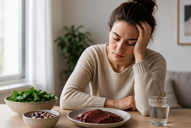 Illustration showing woman experiencing fatigue with iron-rich foods for can low iron cause depression