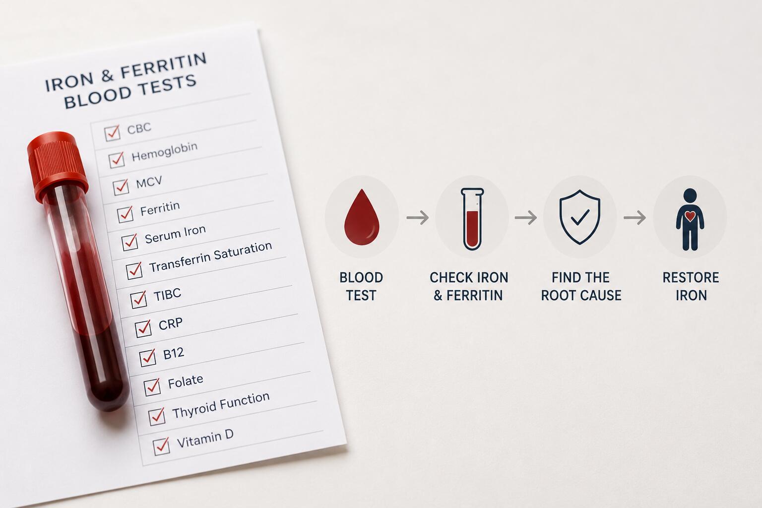 An image Illustrating can low iron cause depression with iron and ferritin blood test checklist