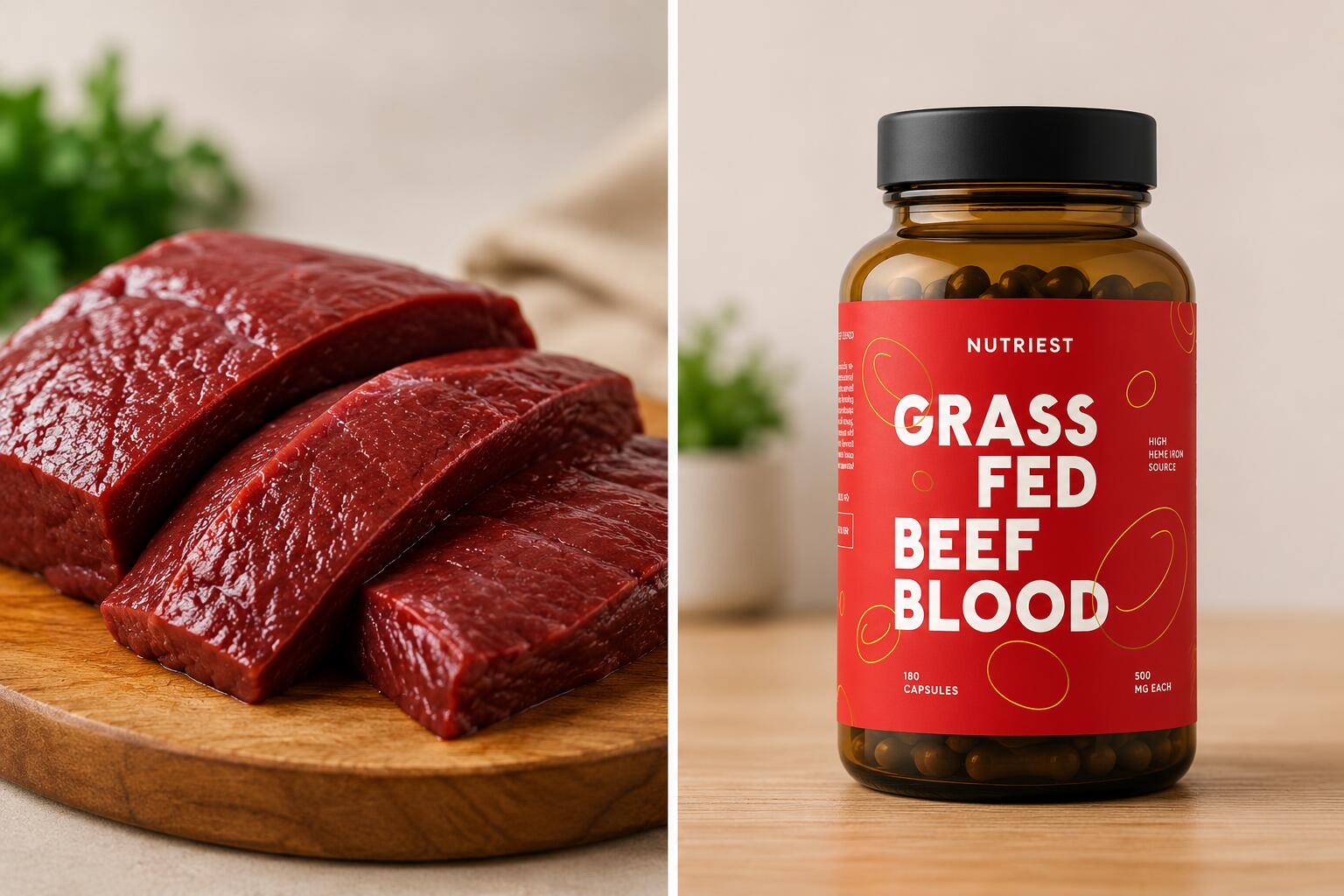 Illustration showing iron-rich beef alongside iron supplement capsules supporting healthy iron levels