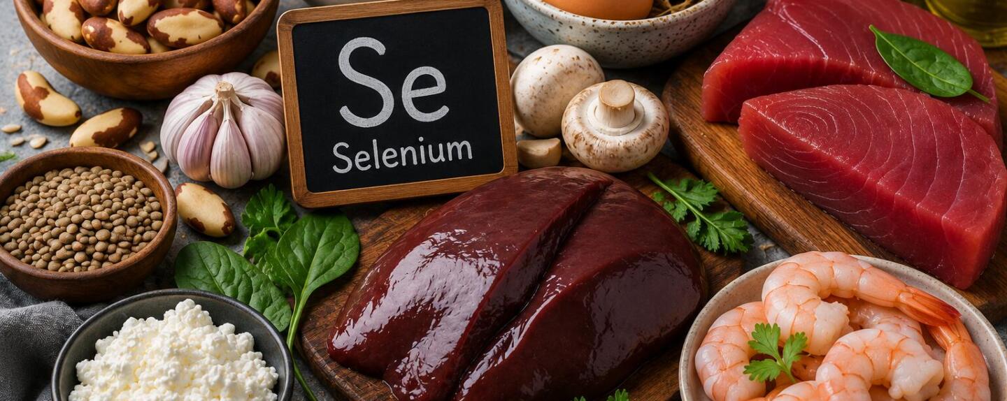Food collage illustrating selenium deficiency symptoms and selenium-rich foods for healthy nutrition