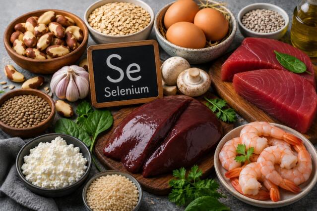 Food collage illustrating selenium deficiency symptoms and selenium-rich foods for healthy nutrition
