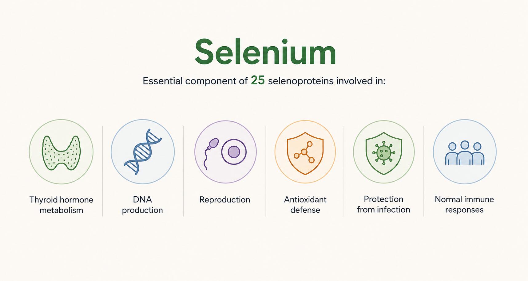 Infographic illustrating selenium deficiency symptoms and selenium's role in essential body functions