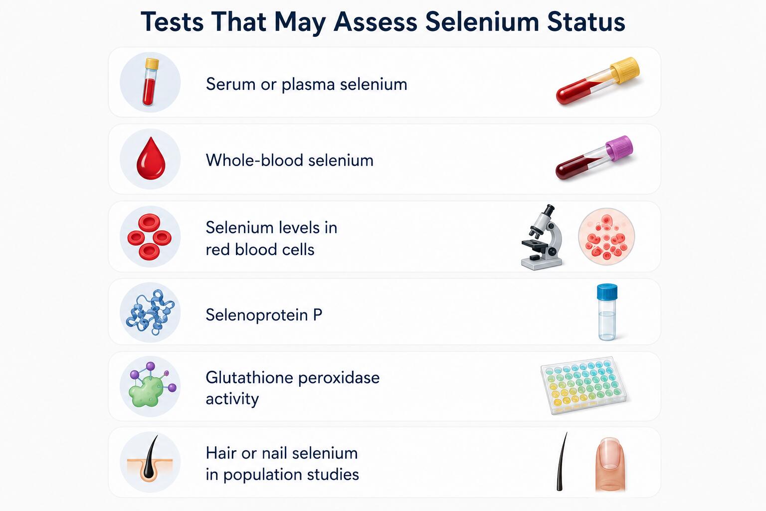 Infographic illustrating selenium deficiency symptoms and laboratory tests assessing selenium status
