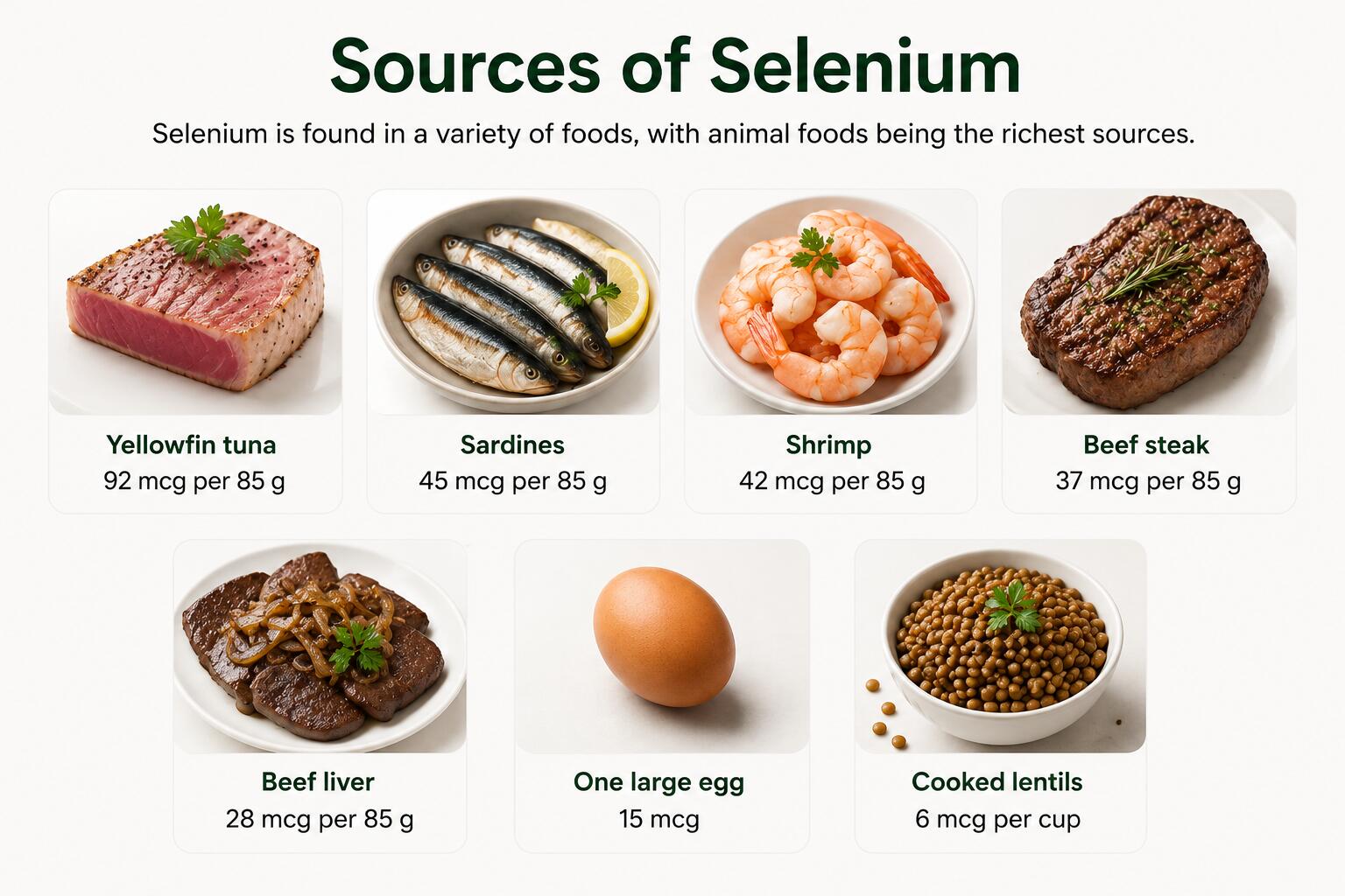 Visual guide showing selenium deficiency symptoms and foods high in selenium