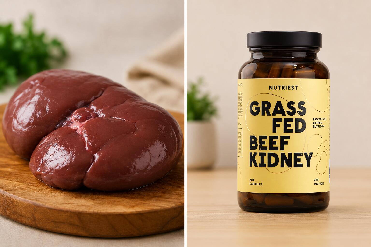 Illustration showing selenium deficiency symptoms alongside fresh beef kidney and kidney supplement capsules