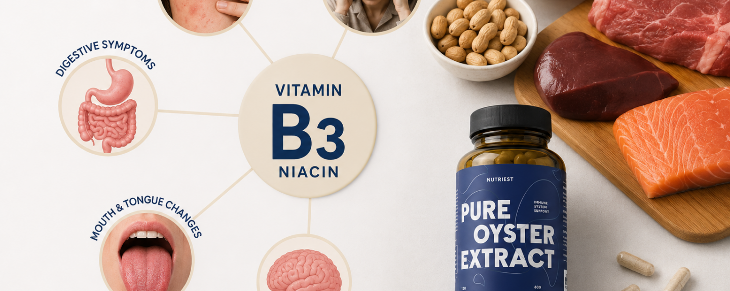 Illustration of vitamin B3 deficiency symptoms including skin, digestive, mouth, fatigue, and cognitive changes