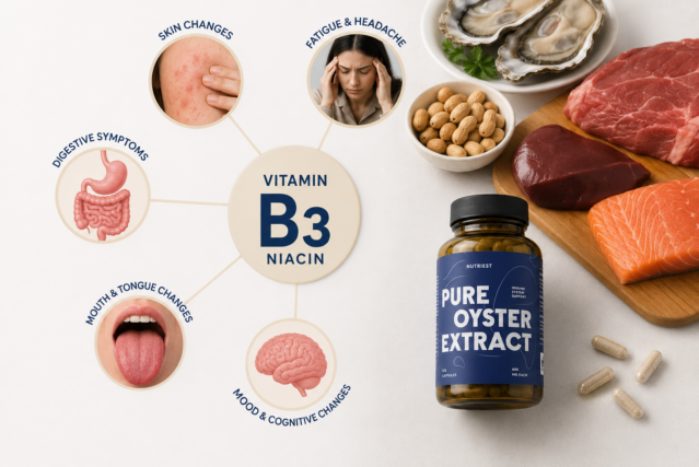 Illustration of vitamin B3 deficiency symptoms including skin, digestive, mouth, fatigue, and cognitive changes