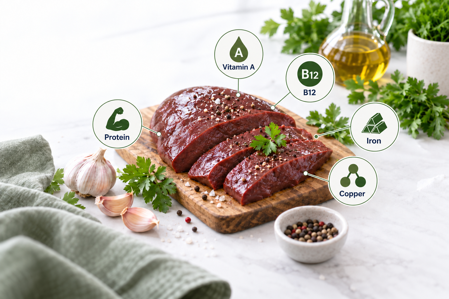 Beef liver illustrating whether ox liver is the same as beef liver, with key nutrients highlighted.