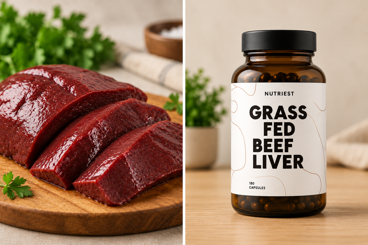 Beef liver and grass-fed liver capsules illustrating whether ox liver is the same as beef liver.