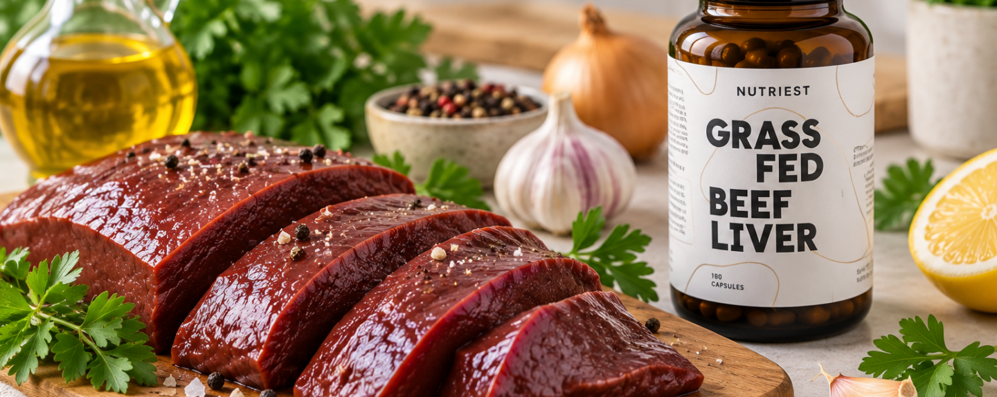Fresh beef liver and grass-fed capsules illustrating whether ox liver is the same as beef liver.