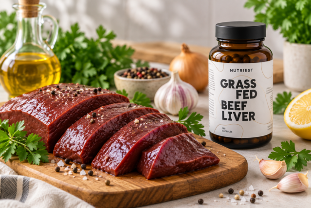 Fresh beef liver and grass-fed capsules illustrating whether ox liver is the same as beef liver.